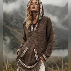 Alpaca Cozy Hooded Fringe Knit Pullover - Brown with Pattern Trim